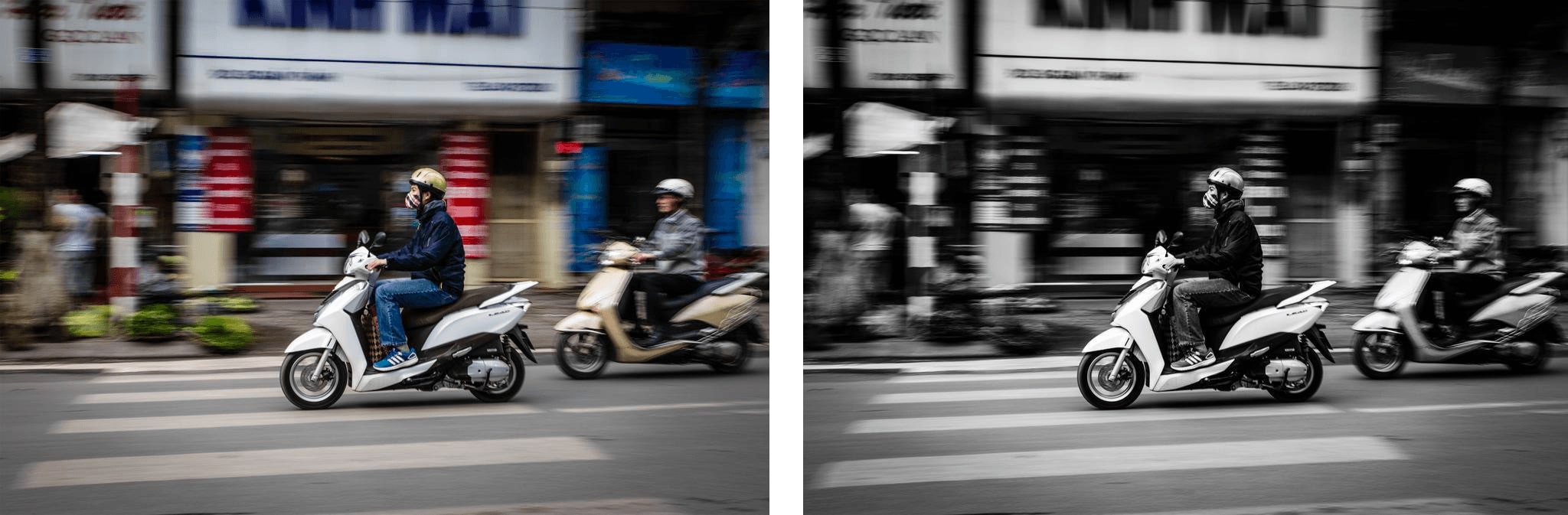Dans l'image de gauche, les couleurs d'arrière-plan bleu, rouge et vert détournent l'attention du sujet, le scooter <br /> À droite, l'arrière-plan n'est plus distrayant, et on se focus sur le sujet principal