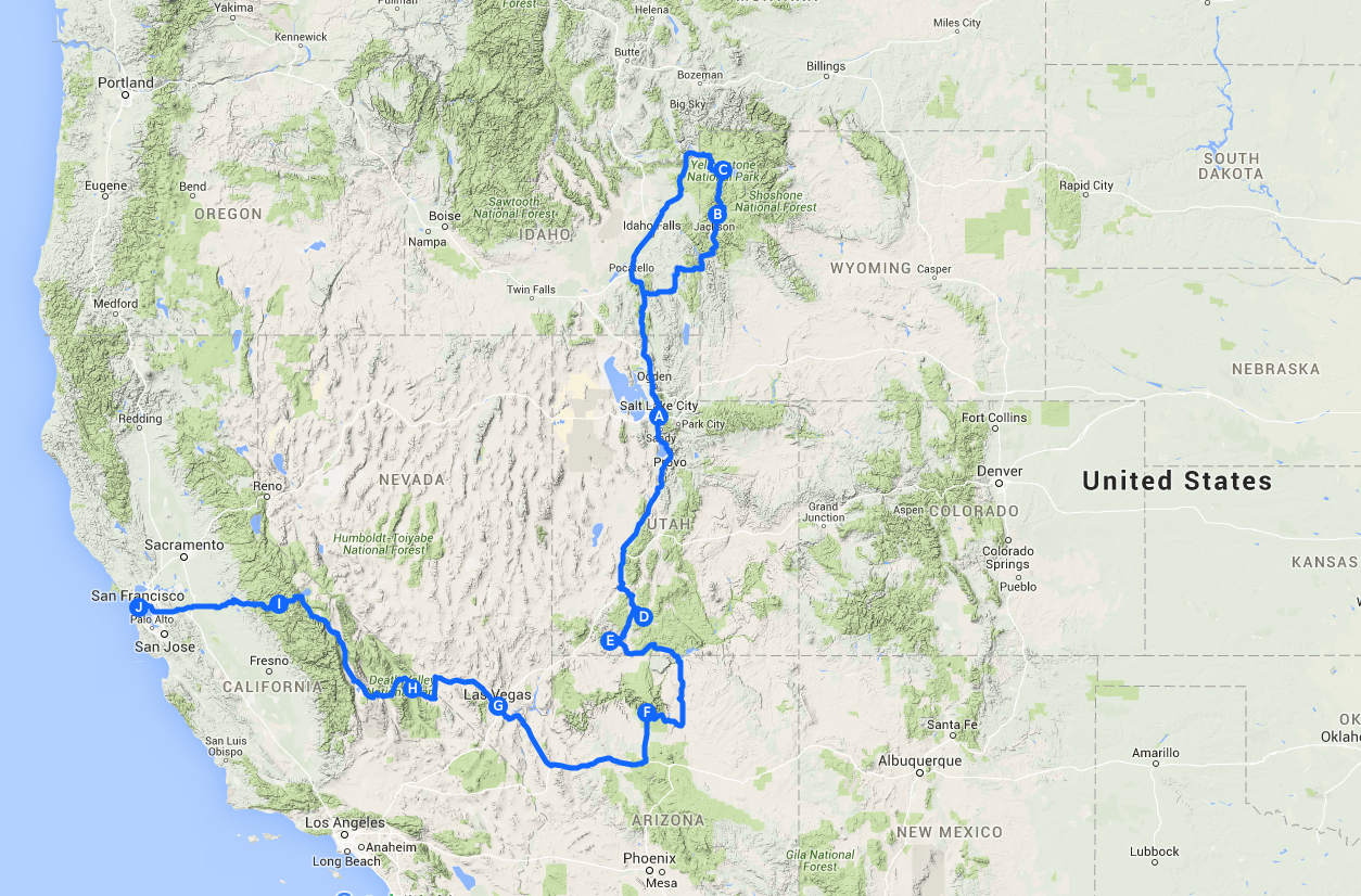 Carte de notre Voyage dans l'Ouest Américain