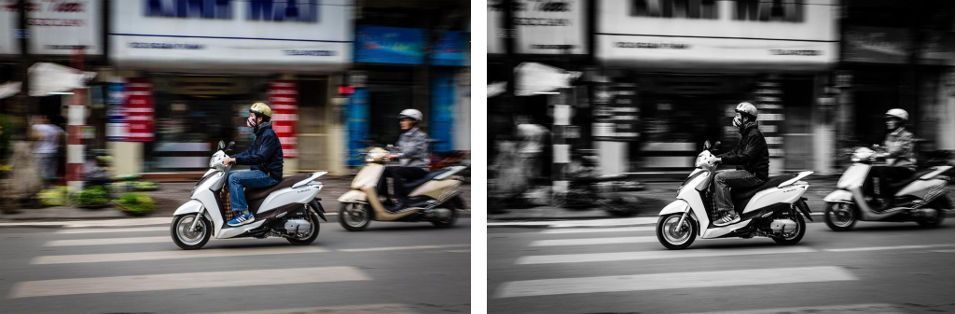 Dans l'image de gauche, les couleurs d'arrière-plan bleu, rouge et vert détournent l'attention du sujet, le scooter <br /> À droite, l'arrière-plan n'est plus distrayant, et on se focus sur le sujet principal